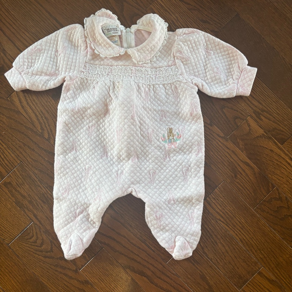 Vintage Peter Rabbit Pink Footed One Piece with Ruffled Collar and Embroidery